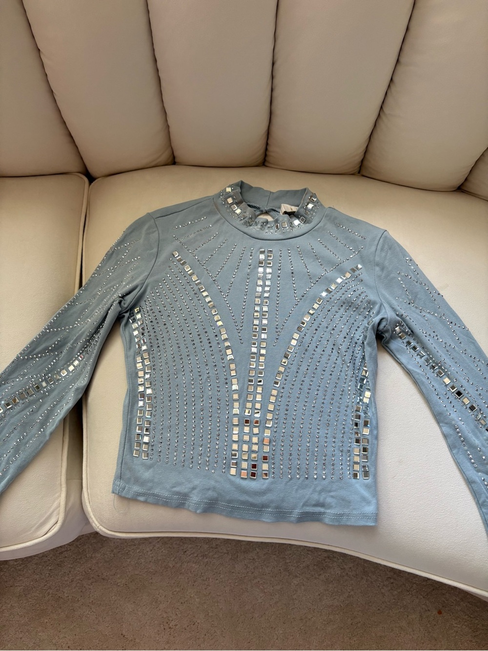 Embellished Light Slate Blue Long-Sleeve Crewneck Top